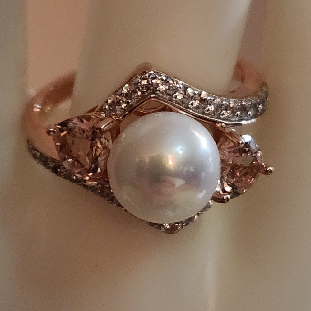 JTV Cultured Freshwater Pearl/Morganite/White Zircon 18K Rose Gold/Silver